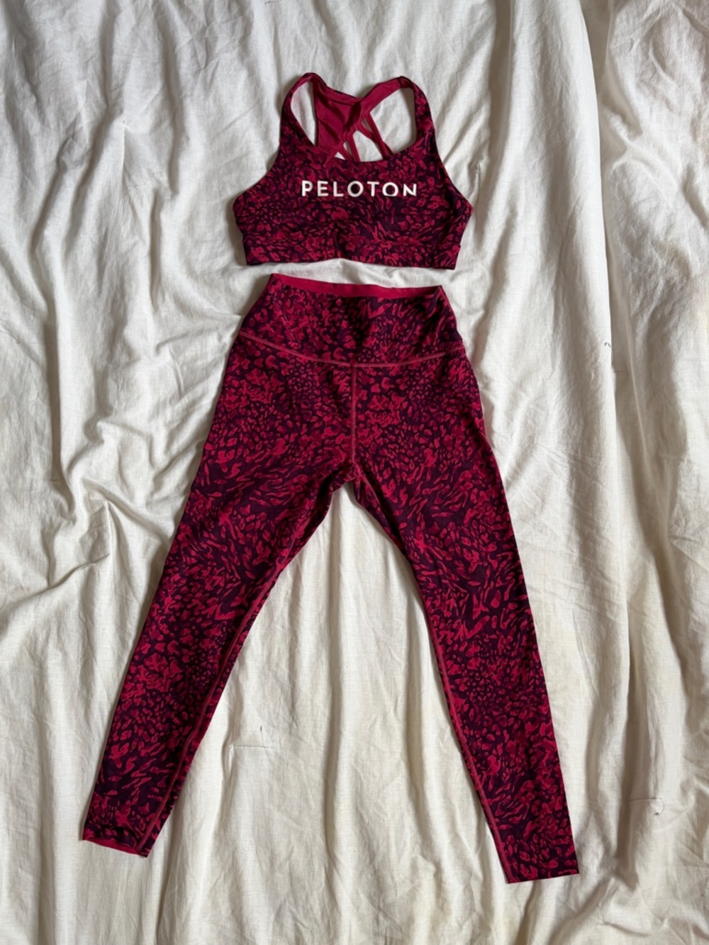 Peloton Red & Black Patterned High-Waist Leggings and Sports Bra Set